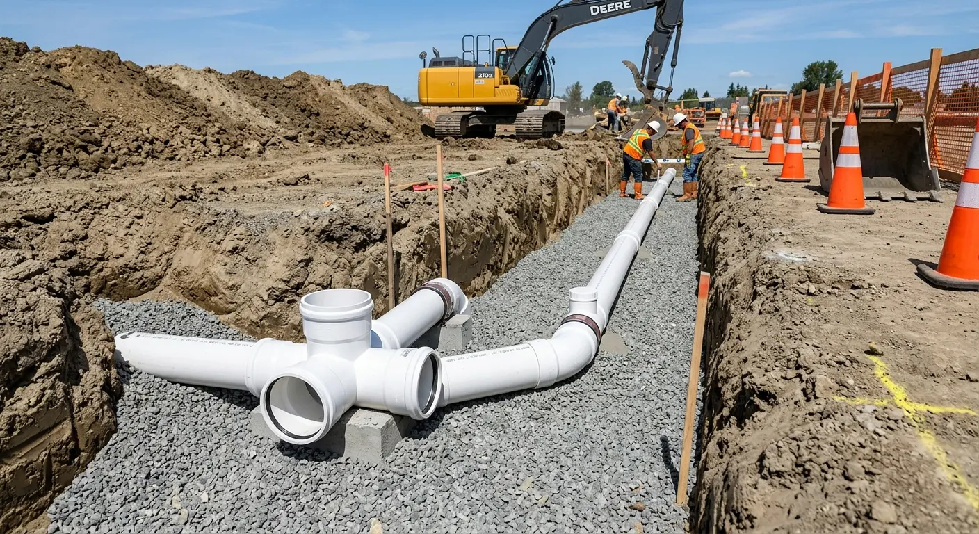New PVC sewer pipe installation in open trench for Sewer Backup in Finneytown