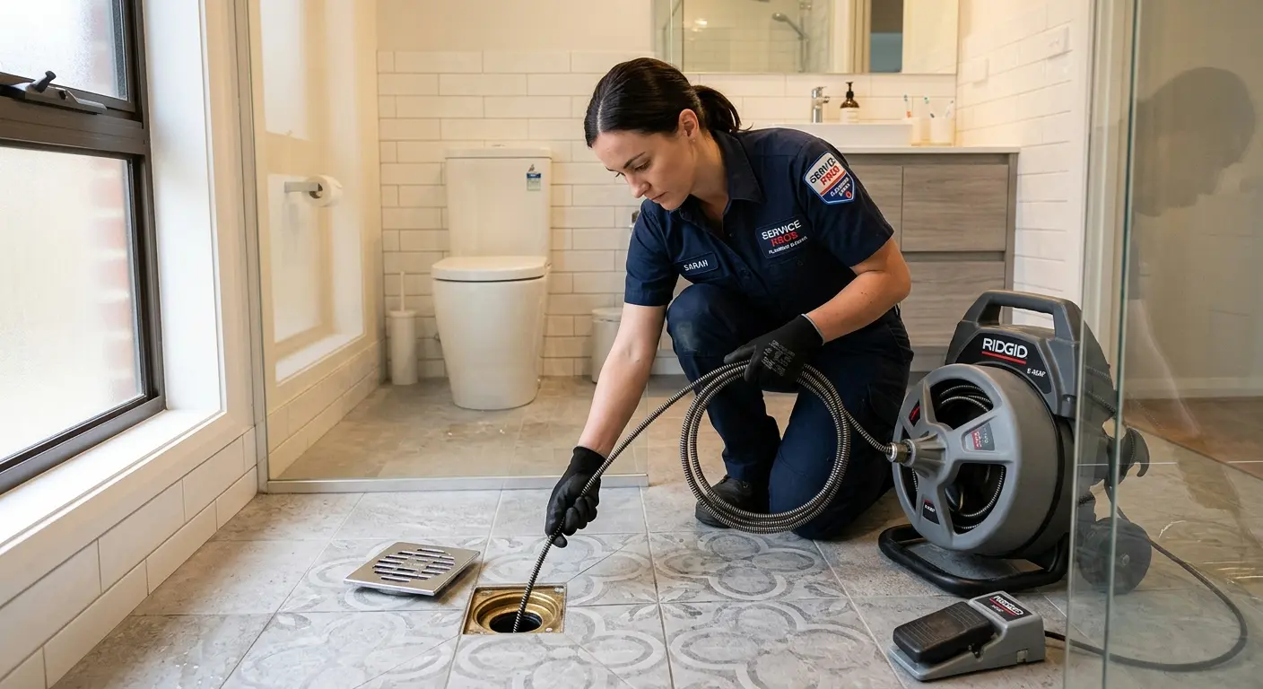 Technician clearing a bathroom floor drain for Sewer Line Replacement in Finneytown